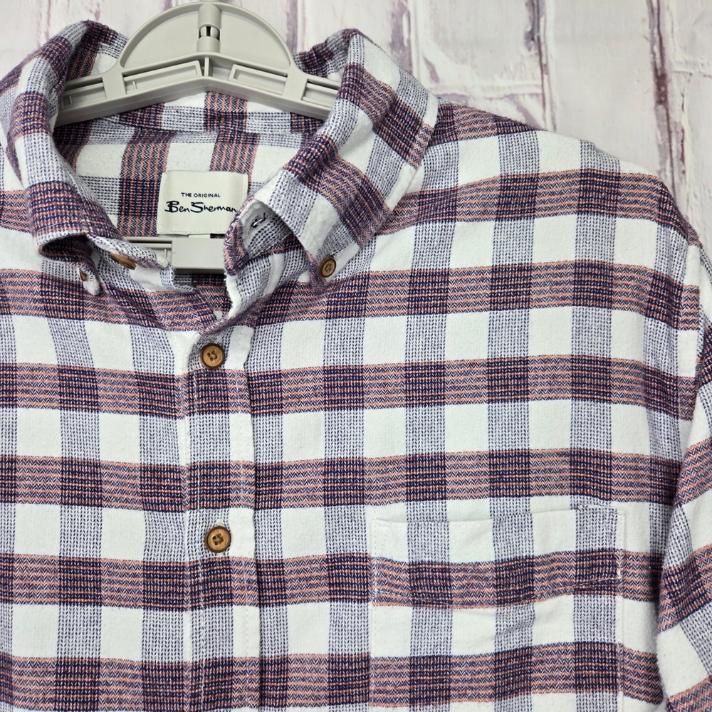 Ben Sherman Mens Size Large Flannel Plaid Button Down Shirt Navy‎ White Cotton